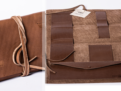 Leather tool roll. Inside view and rolled up view.