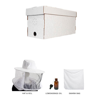 Swarm kit with cardboard nuc box, hat & veil, lemongrass oil, and a large swarm bag
