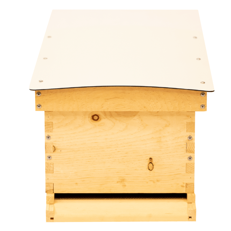 Front view of Deep Standard Langstroth for beekeeping with white composite roof
