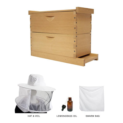 Swarm kit with medium lang nuc boxes, hat & veil, lemongrass oil, and a large swarm bag