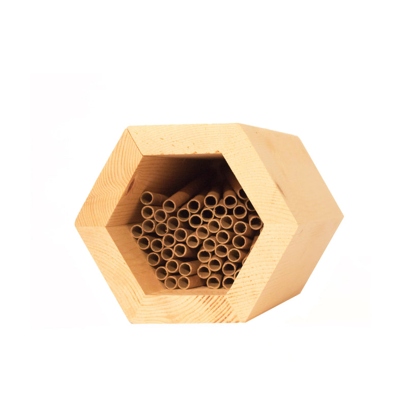nesting tubes inside of a hex mason bee house