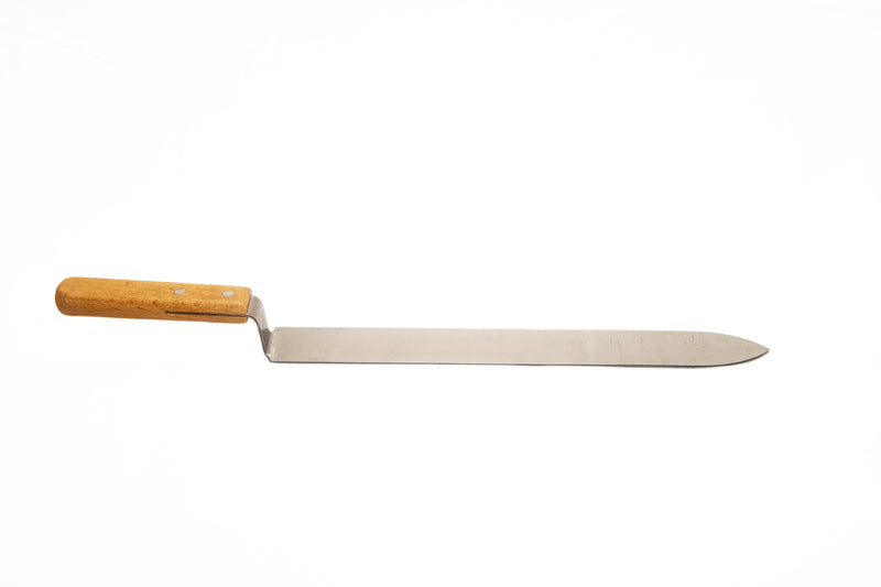 Steel uncapping knife with wooden handle