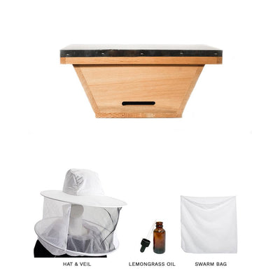 Swarm kit with Top Bar Hive nuc box, hat & veil, lemongrass oil, and a large swarm bag